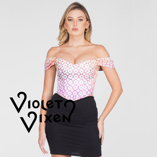 Pink Off Shoulder Diamon Print Corset Top